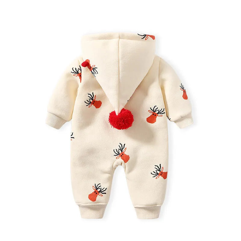 Khaki baby padded crawling suit with Christmas moose print in Korean style
