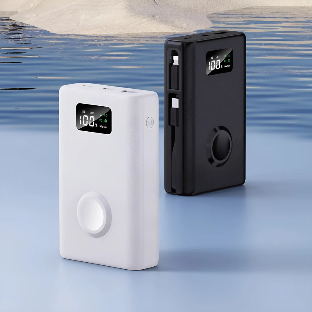 Black and white wireless power bank showing display screen and attached charging cable