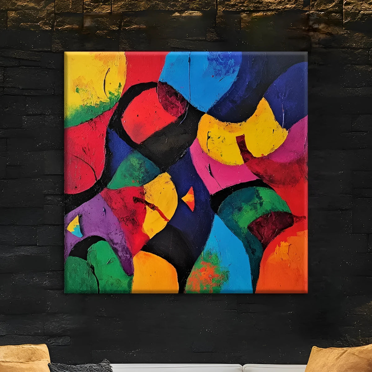 Hand-painted abstract oil painting on canvas, square unframed one-panel wall art in six sizes and two colours