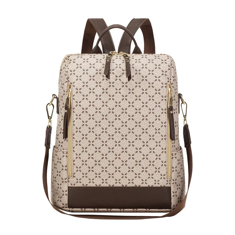 Large capacity retro crossbody backpack with floral print in brown, waterproof PVC material, anti-theft design for travel