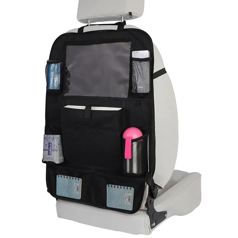 Black multi-pocket car organiser hanging on back seat headrest with phone and drink holders