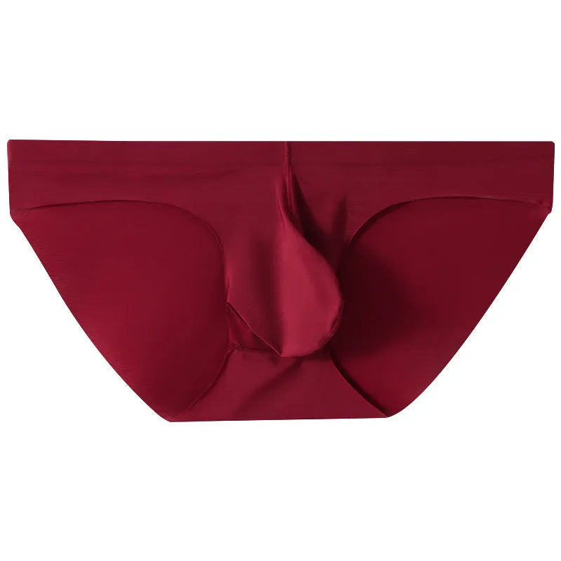 Men's ice silk seamless briefs with gun egg compartment in multiple colour options showing mid-waist design