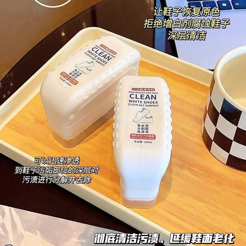 White shoes dry cleaning agent with brush head and detergent bottle for leather shoe scrubbing