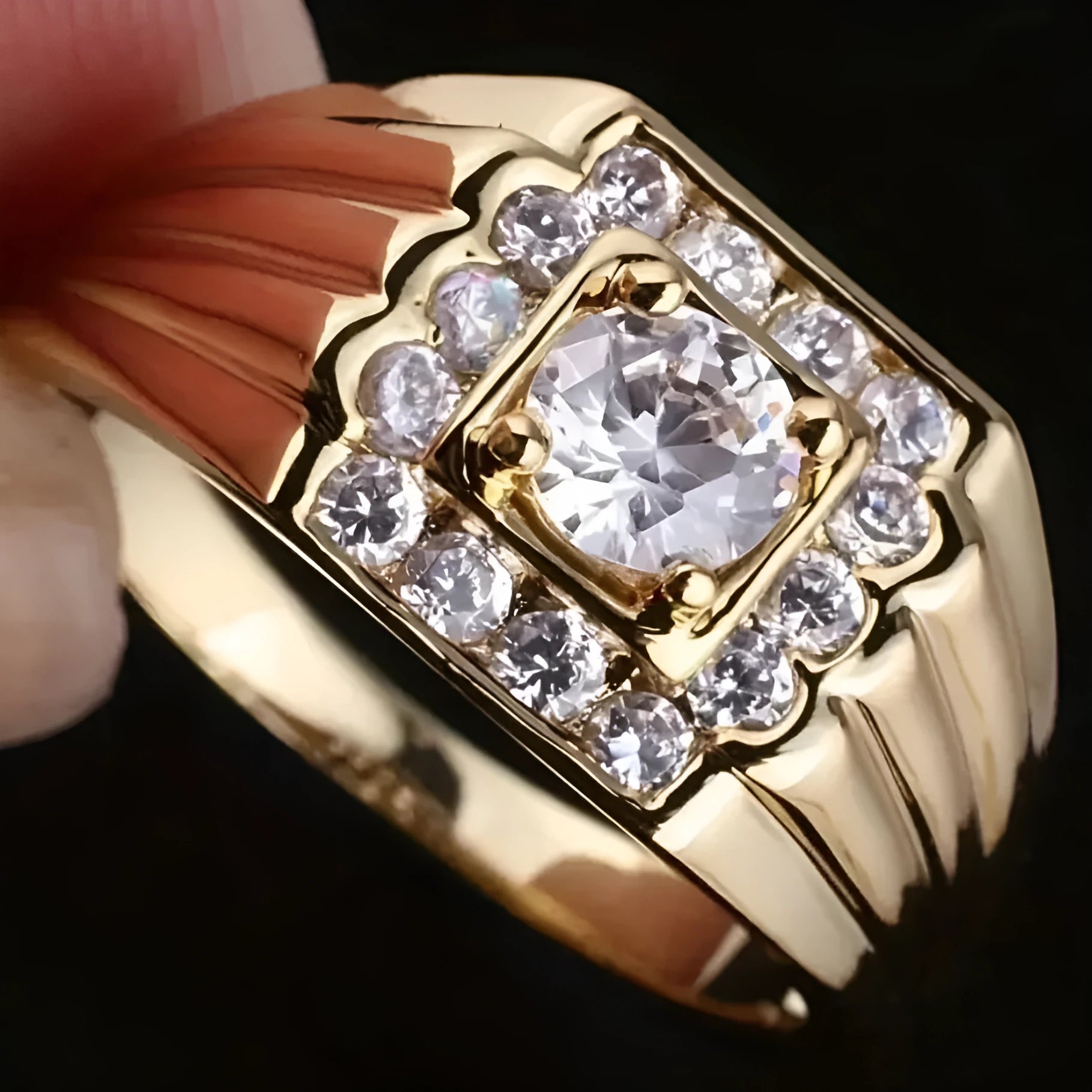 Gold geometric copper ring with micro-inlaid zircon on wide surface, size No 8