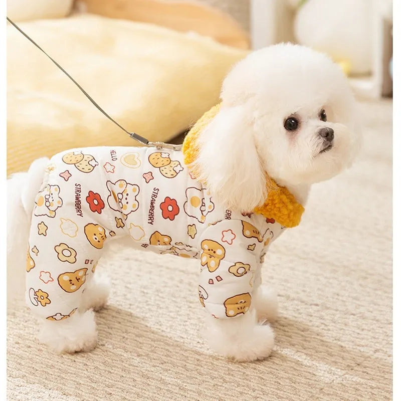 Yellow quilted cotton four-legged dog coat with sherpa hood and animal prints on a small dog