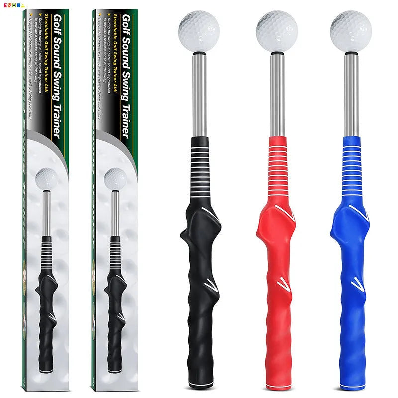 Telescopic stainless steel golf swing trainer in black, extended for practice.