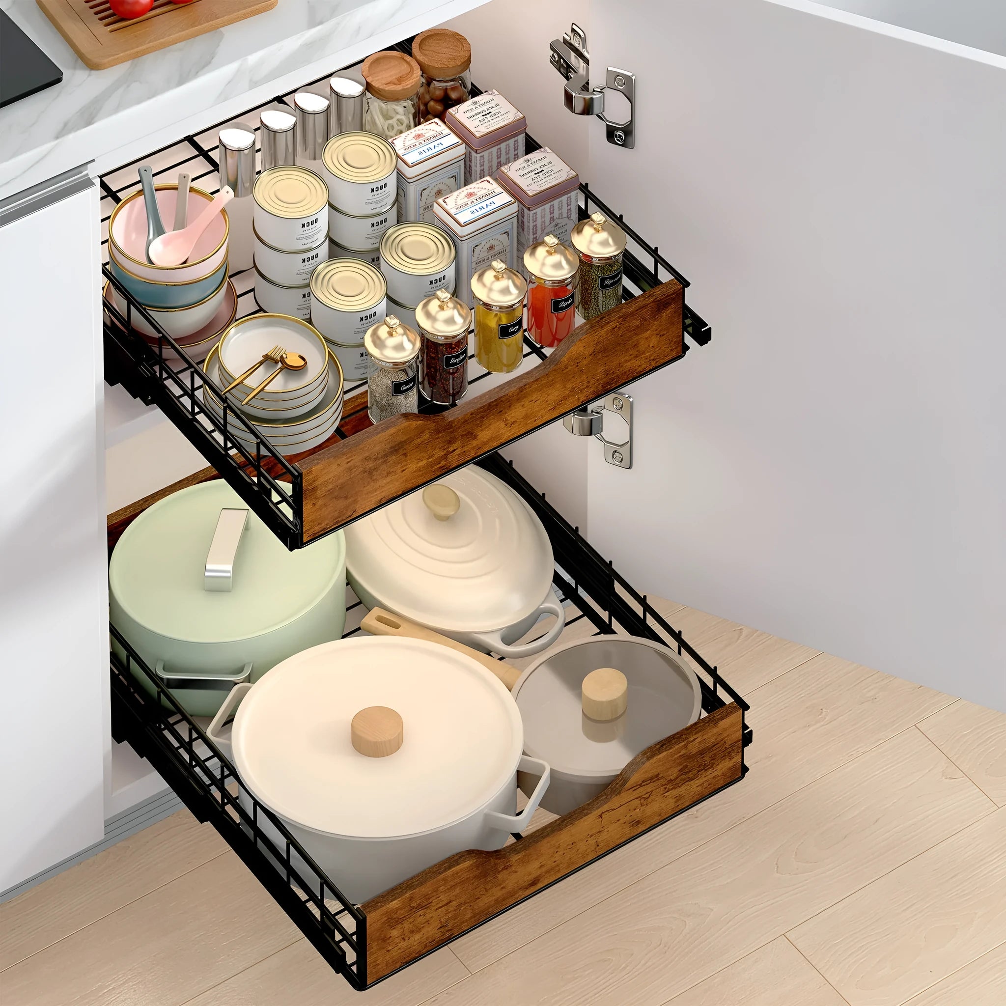 Black wooden and iron pull-basket storage rack with scalable design for home organisation