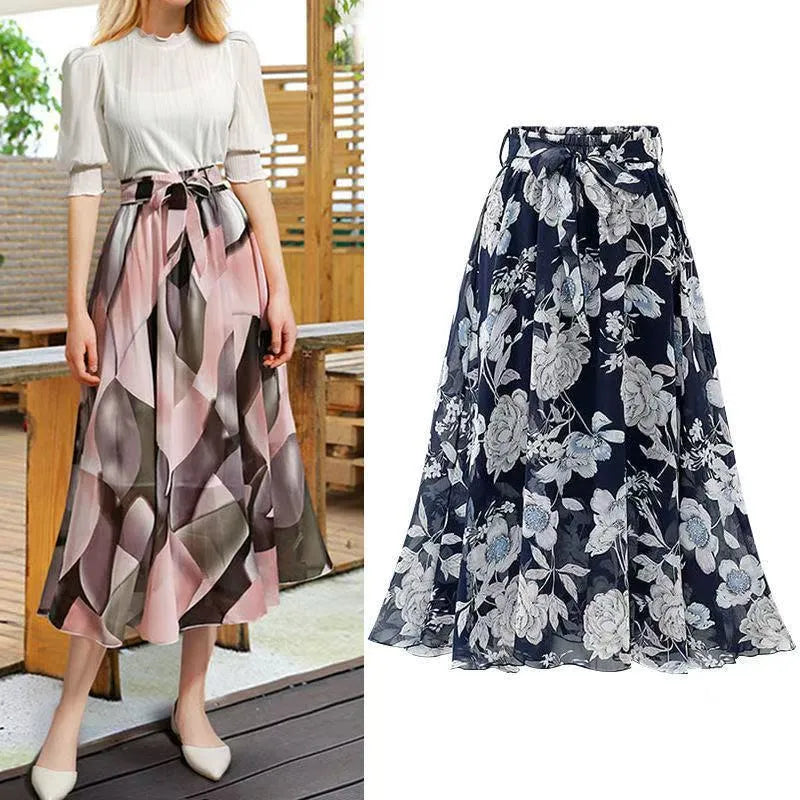 Women's high waist chiffon A-line skirt in navy, pink, or white, sizes M to 4XL, polyester colour-block design.