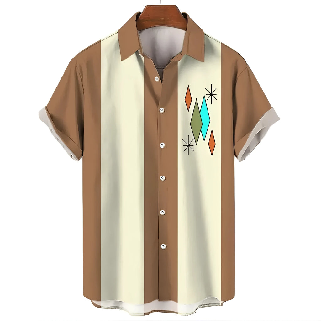 Men's striped Hawaiian casual button-down shirt with short sleeves in polyester fabric