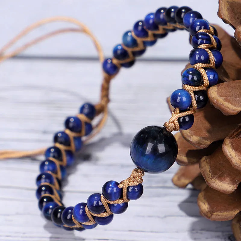 Handmade woven geometric pull bracelet in blue Tigereye or purple Amethyst stone beads on wrist