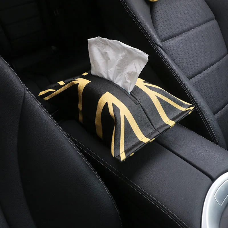 Mini car tissue box with British Union Flag design in leather, 18cm long 27cm wide