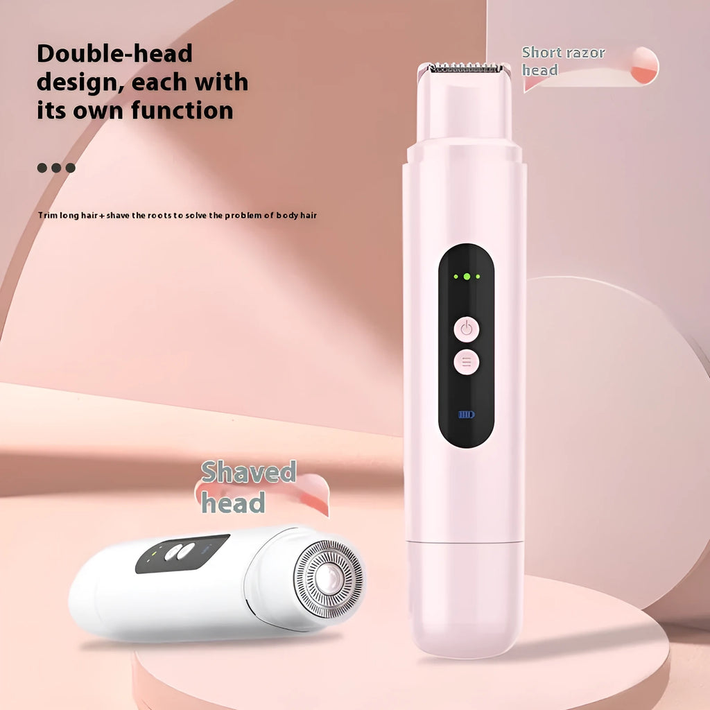 Portable white electric body hair trimmer with floating blades and USB charging cable