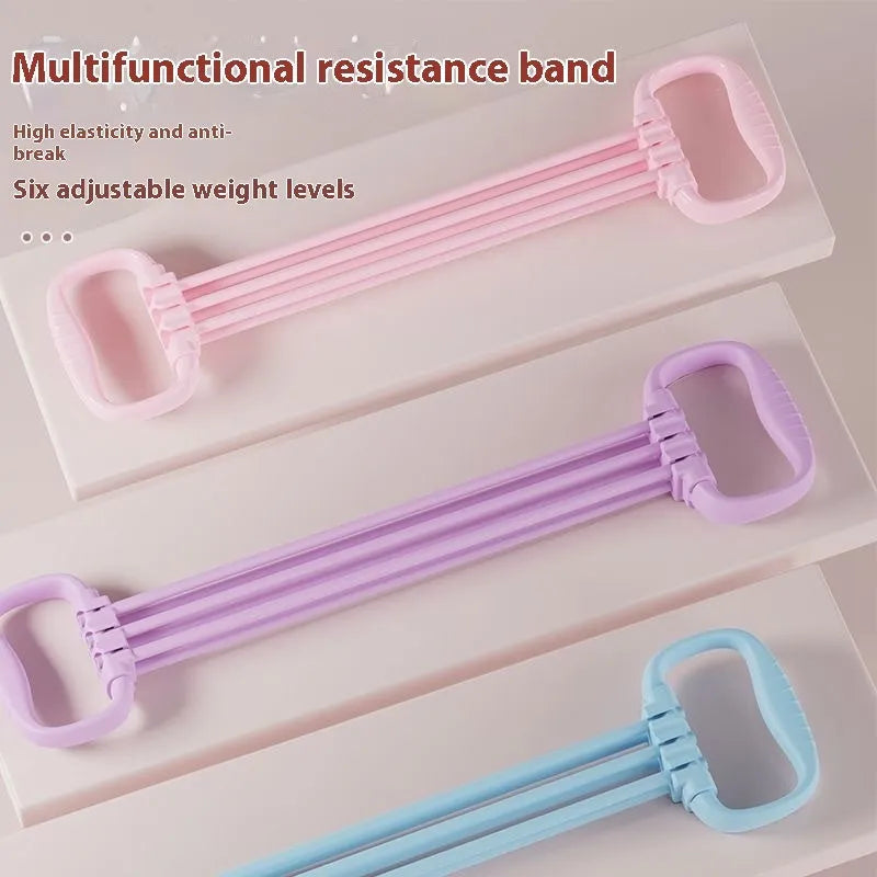 Adjustable 6-gear chest expander fitness equipment for women in blue, pink, and purple colour options