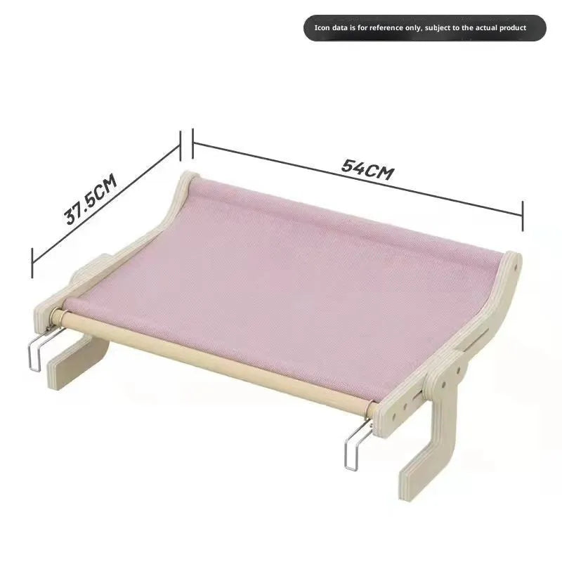 Extra large cat hanging bed with solid wood frame and canvas hammock, available in blue, gray, pink, or yellow for balcony or window use