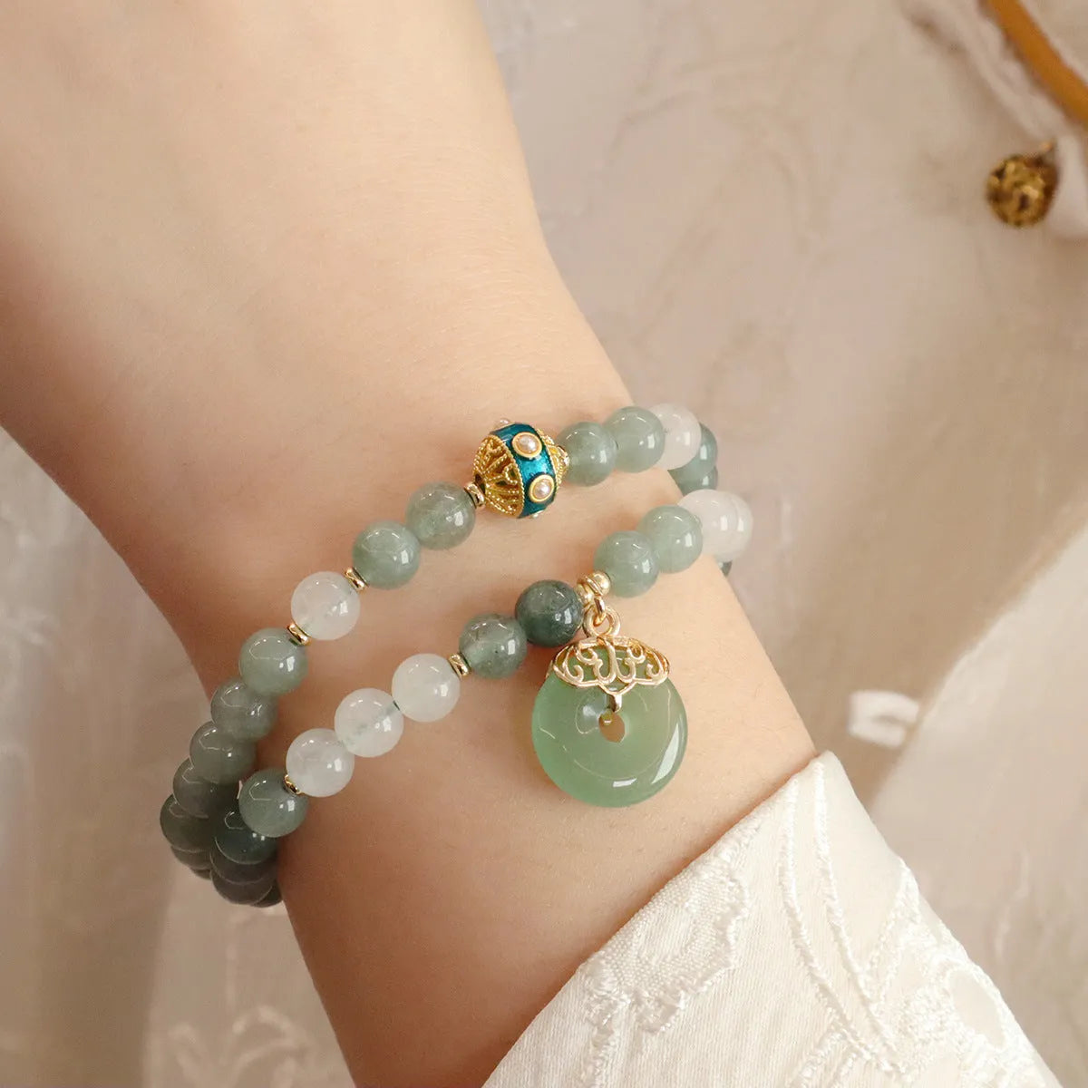 New Chinese style jade bracelet with safety buckle pendant, geometric peace buckle, and lucky bead