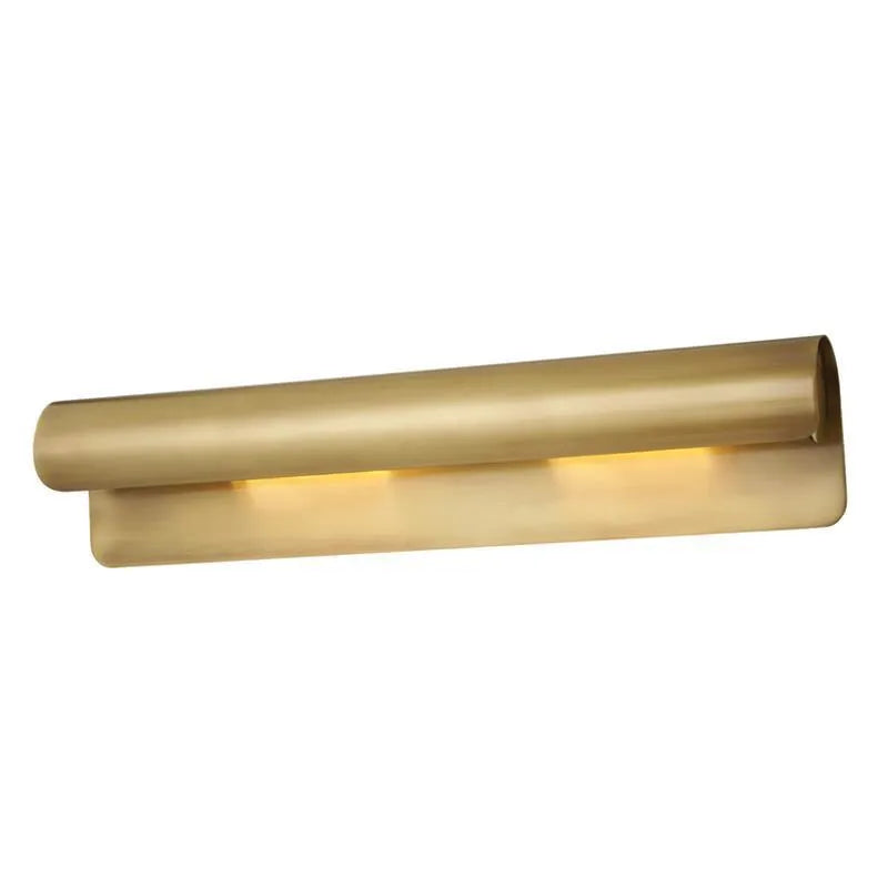 Simple modern copper wall lamp with warm light, 26cm long, on a living room wall