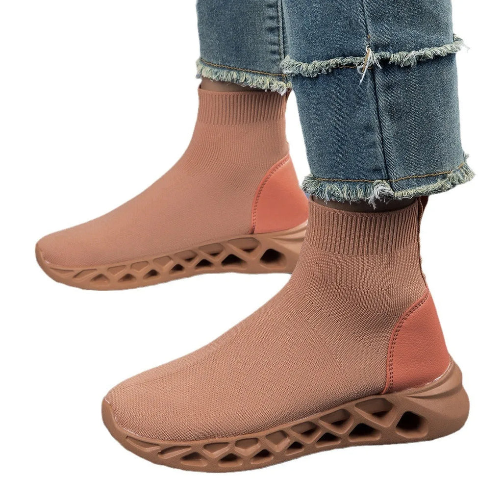 Women's casual mesh shoes in terracotta colour with round toe and low-top design