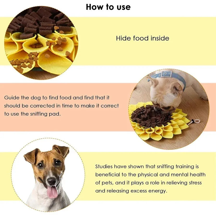 Yellow sunflower pattern dog snuffle mat with rope buckle for slow feeding and nosework games