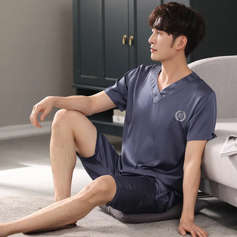 Men's loose ice silk pajama set with short-sleeved shirt and matching shorts in various colours