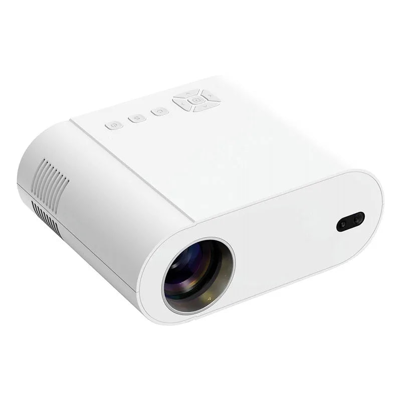 White Full HD smart Android projector with remote control on a table.