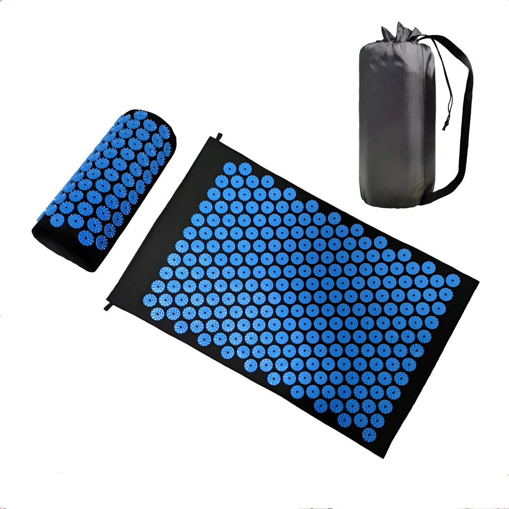 Acupuncture massage mat yoga mat set with black and blue cushion and headrest on floor