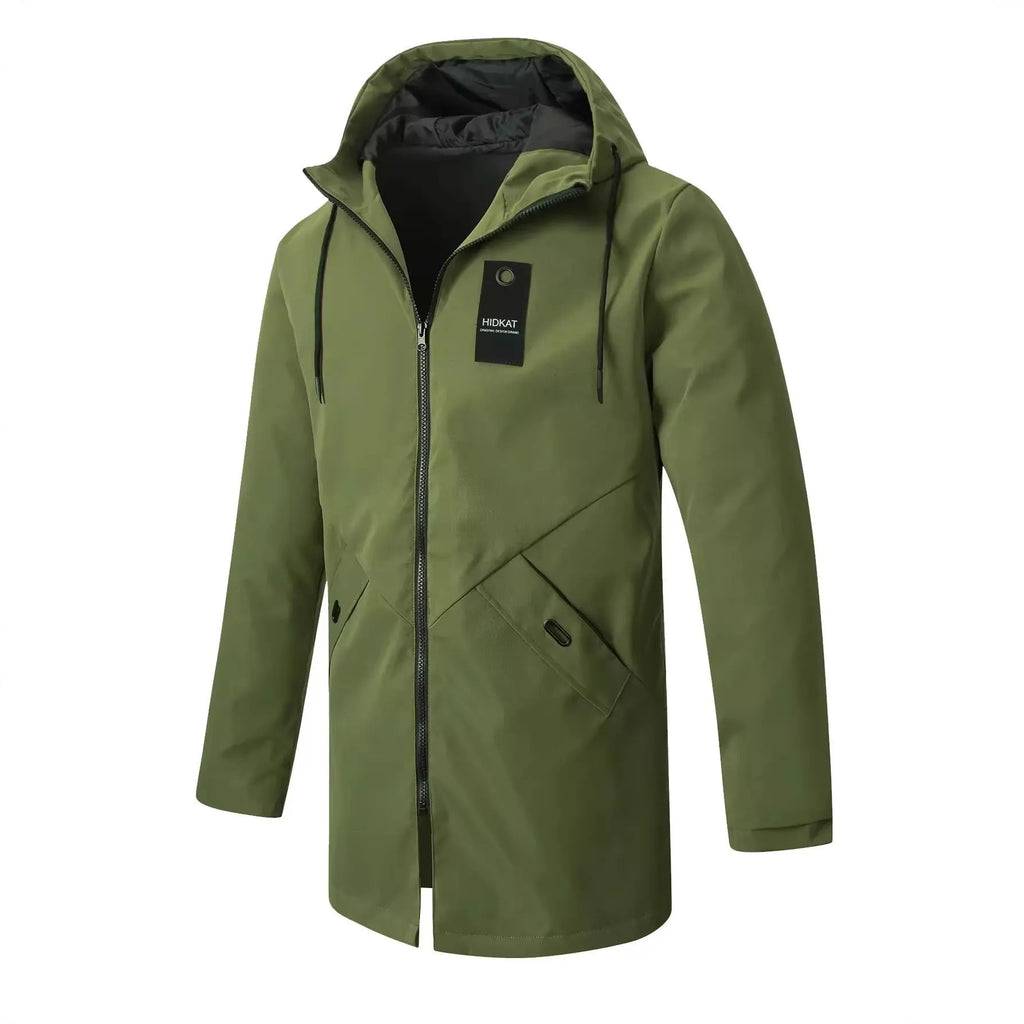 Men's mid-length hooded windproof shell jacket in gray, made from polyester fibre, with long sleeves and front zipper