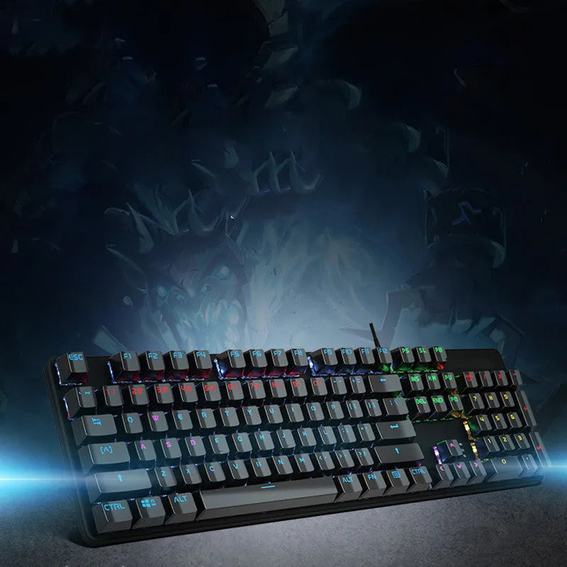 AOC GK410 wired mechanical keyboard with green switches and backlit keys on a desktop.