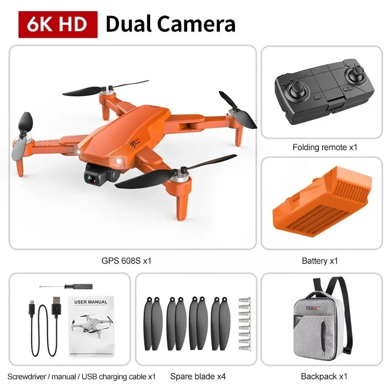 S608 PRO GPS dual camera quadcopter drone with brushless motor, 6K camera, and foldable orange body