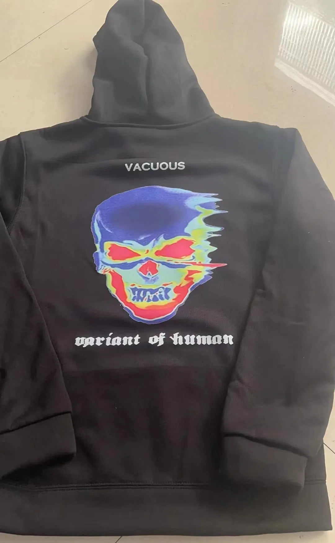 Skeleton thermal imaging graphic printed hoodie for men and women, pullover style, long sleeves, side pockets, black