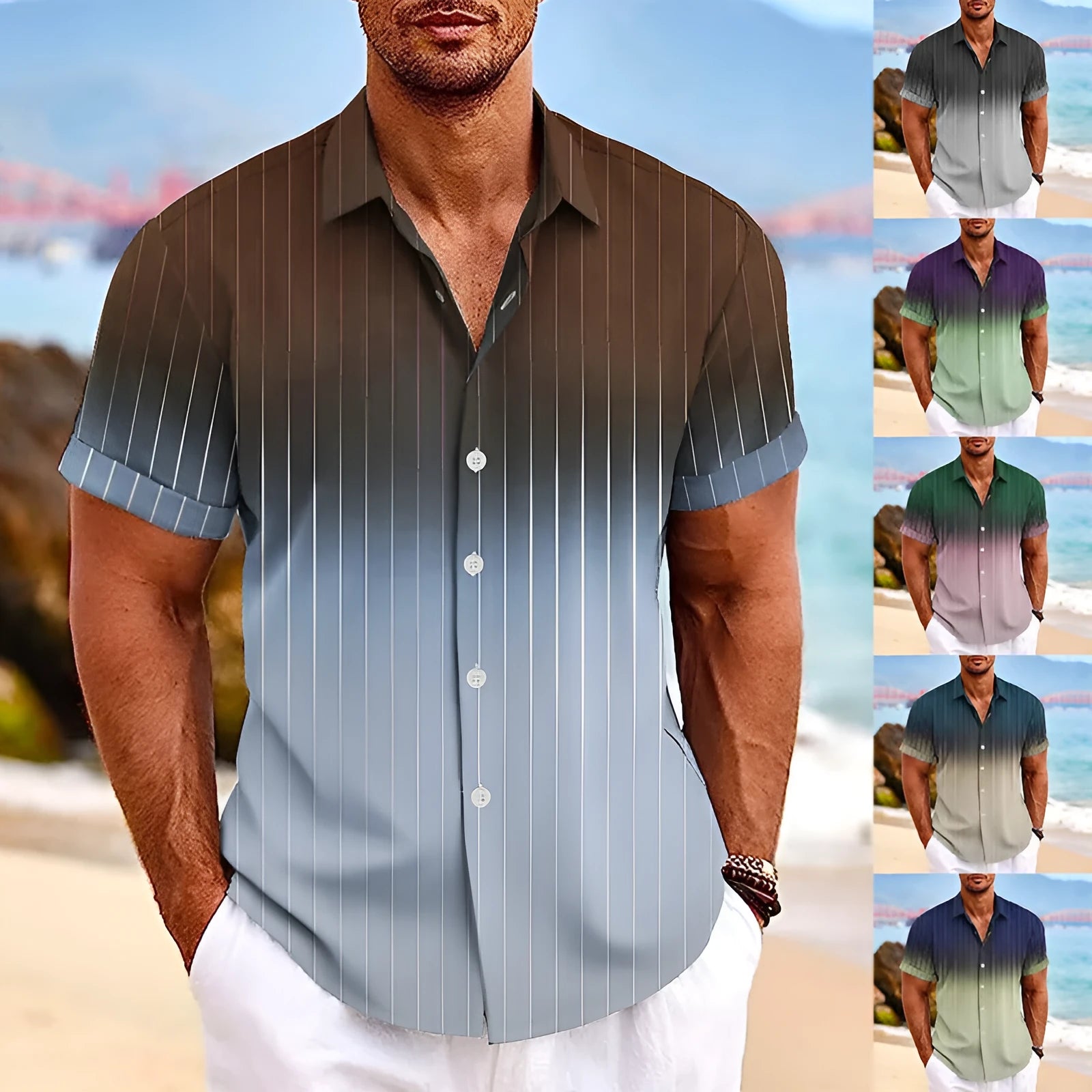 Men's short-sleeved gradient striped print beach shirt with lapel buttons