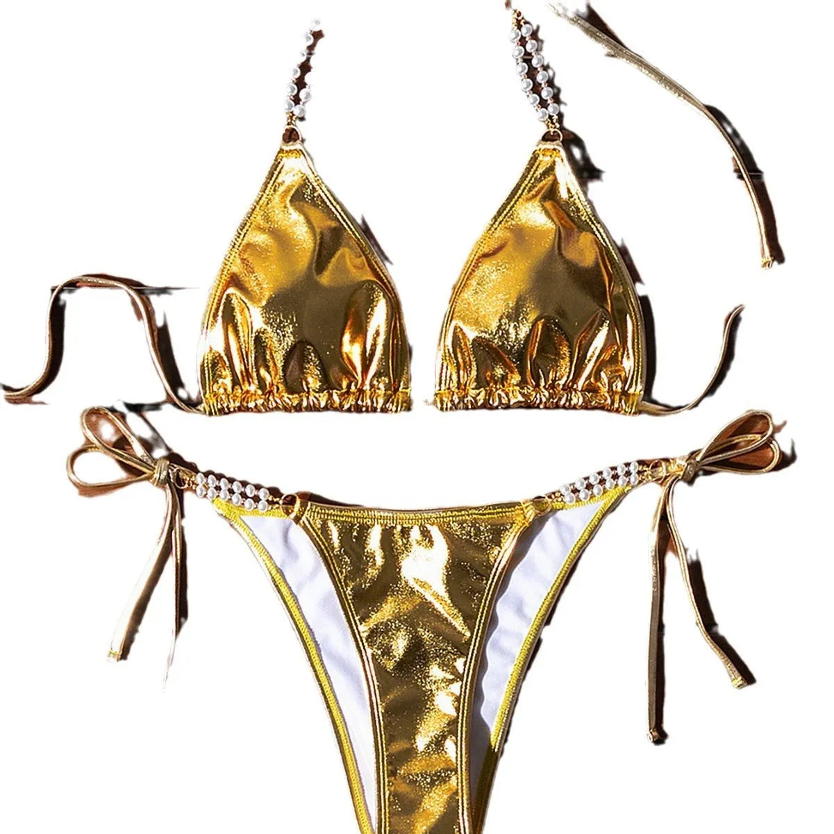 Gold women's halter bikini with front lace-up tie and decorative pearl chain detail.