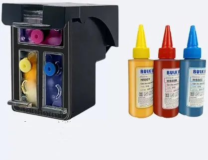 HP 304XL black and colour ink cartridge with two bottles of refill ink on a white background