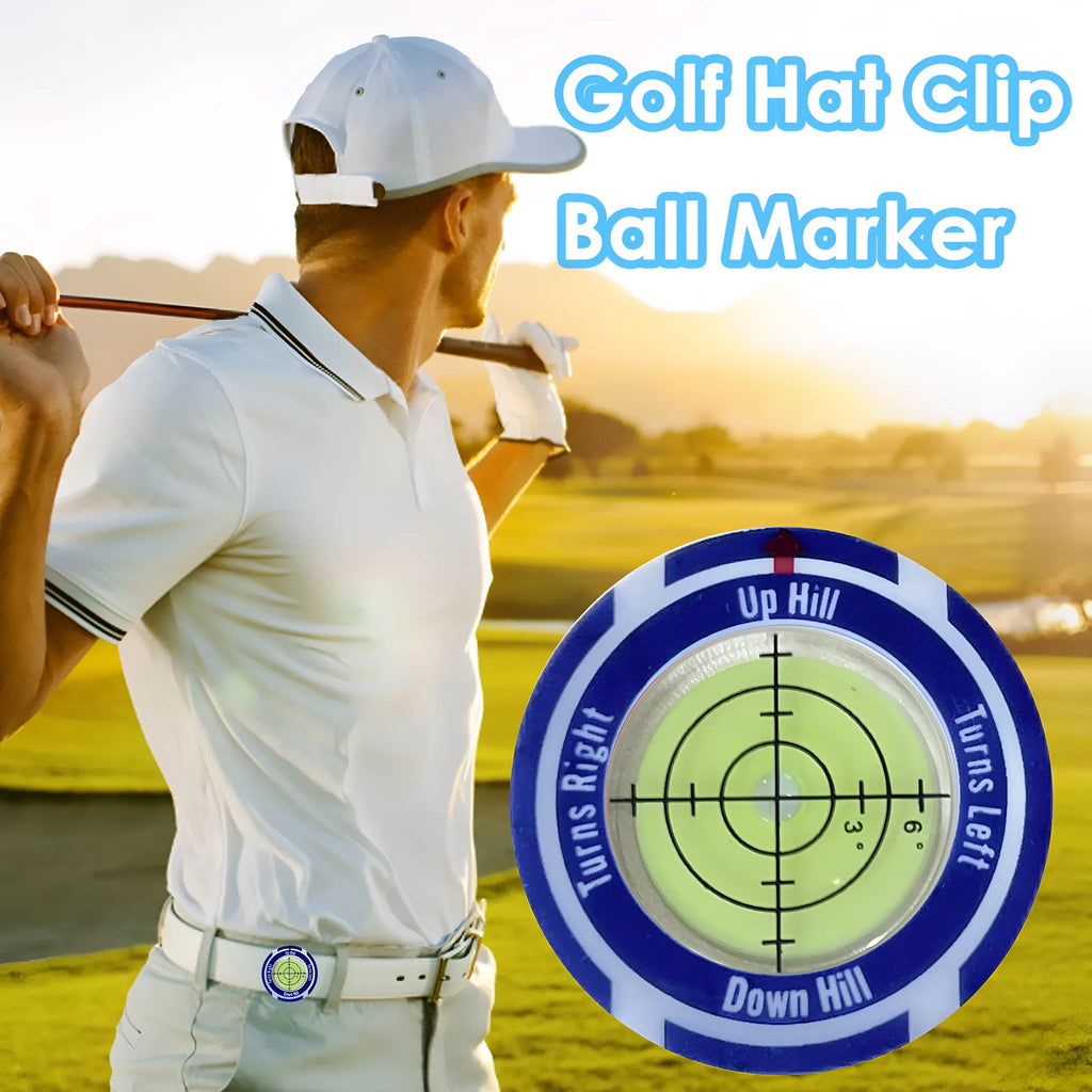 Golf level measurement tool with hat clip and green position markings for score tracking
