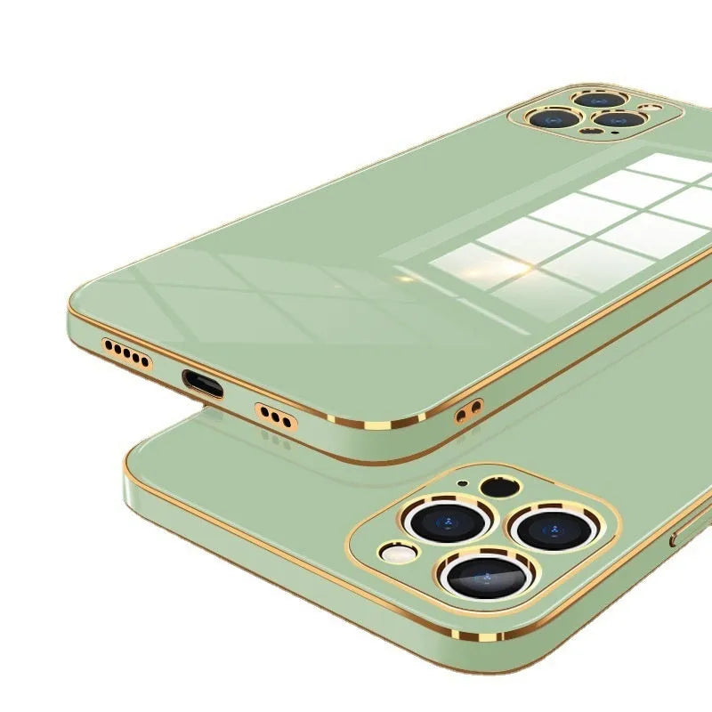 iPhone 15 Pro in a mint green TPU phone case with a silver electroplated edge on a white surface.