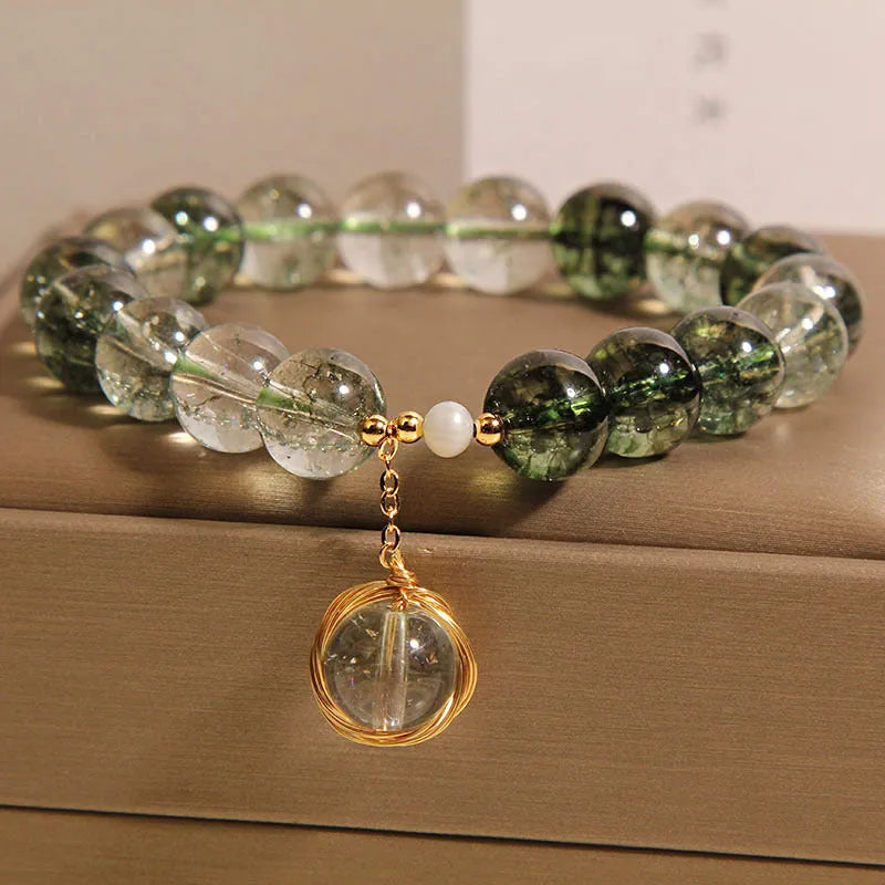 Natural chorite crystal bracelet with green phantom quartz beads in Japanese Korean style