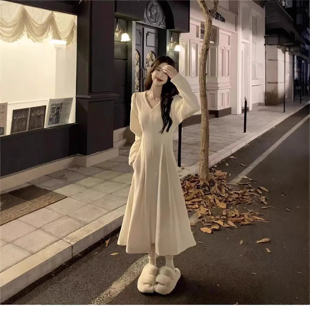 Women's V-neck knitted dress sweater in polyester with long skirt and princess sleeves