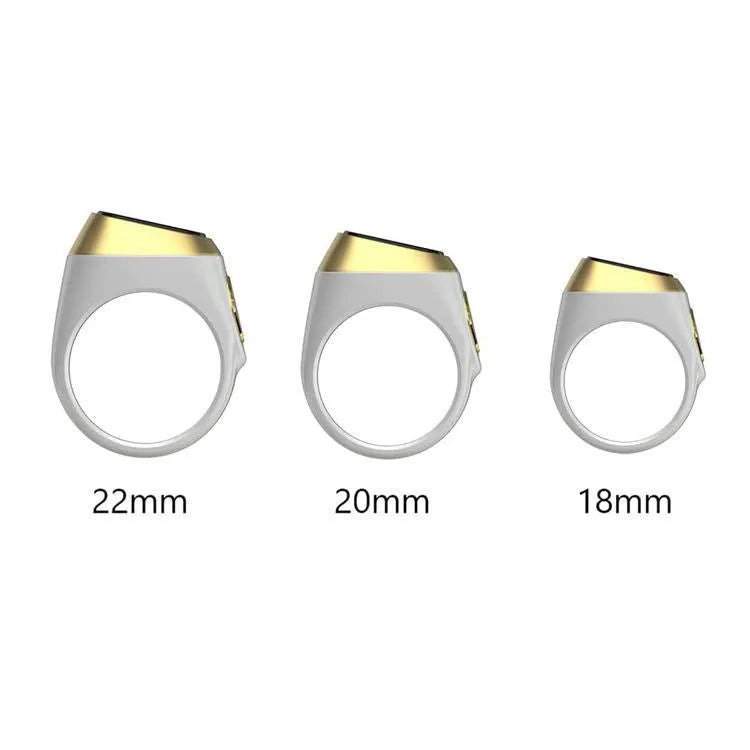 Zikr1 metal smart ring for Tasbih counting on a finger, showing its OLED display and single button.