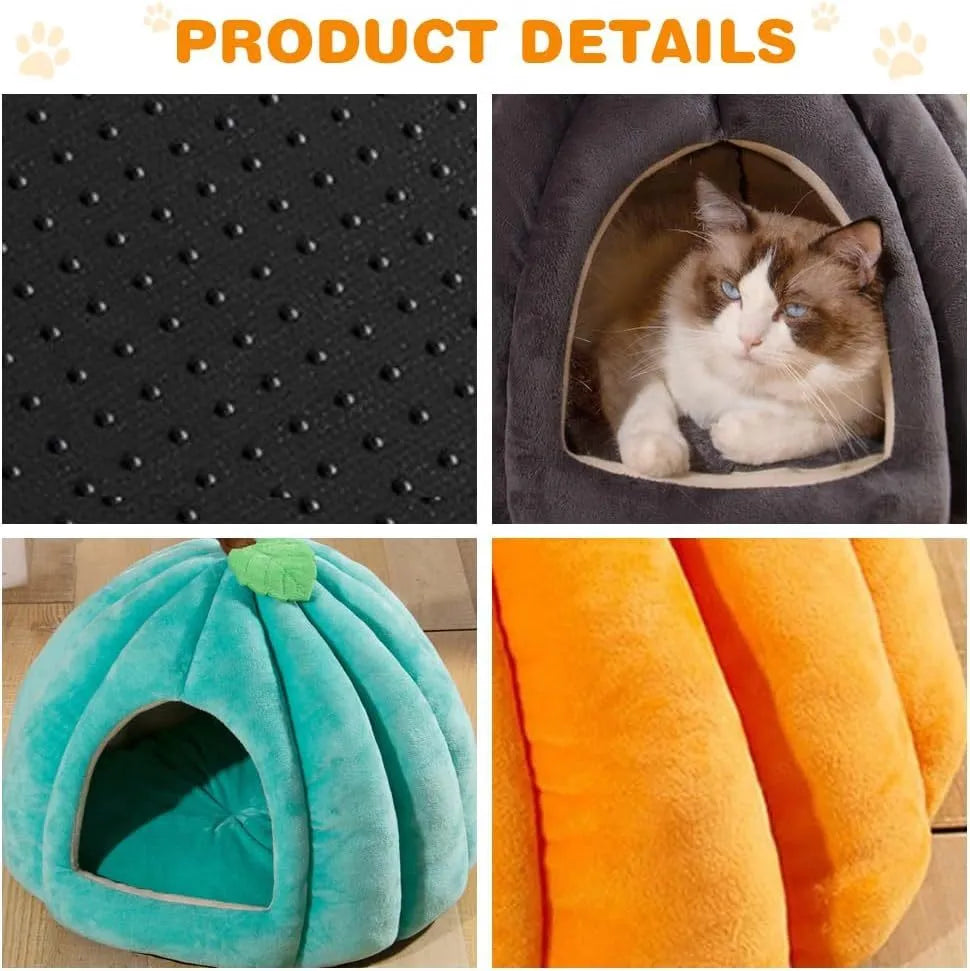 Pumpkin-shaped plush cat cave bed with a round entry hole, shown in blue colour