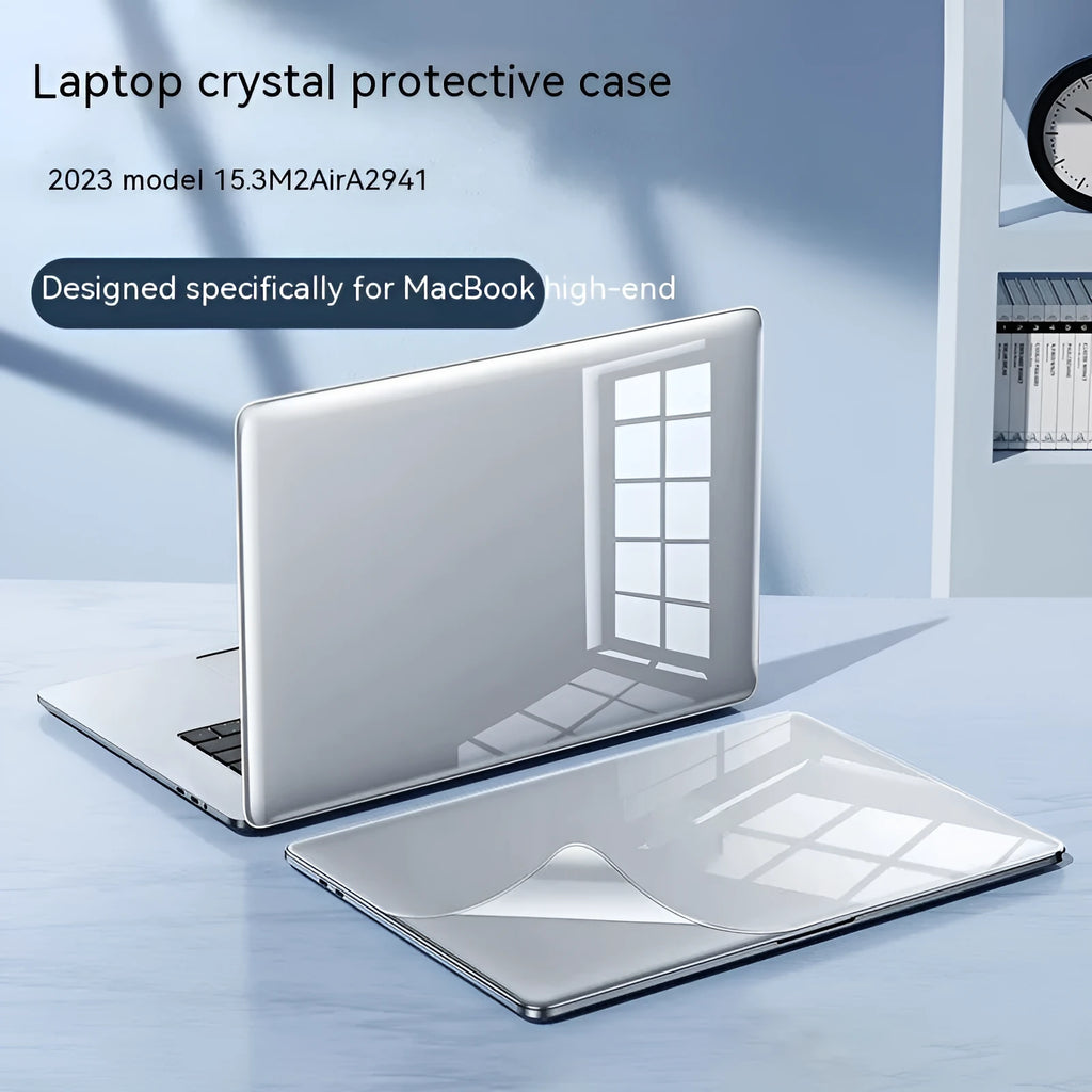 MacBook protective case with drop-resistant design shown on Apple laptop in crystal transparent finish