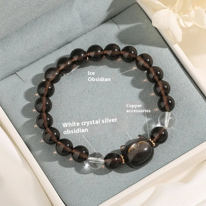 Women's silver stone cat head bracelet with 8mm ice stone beads and adjustable design