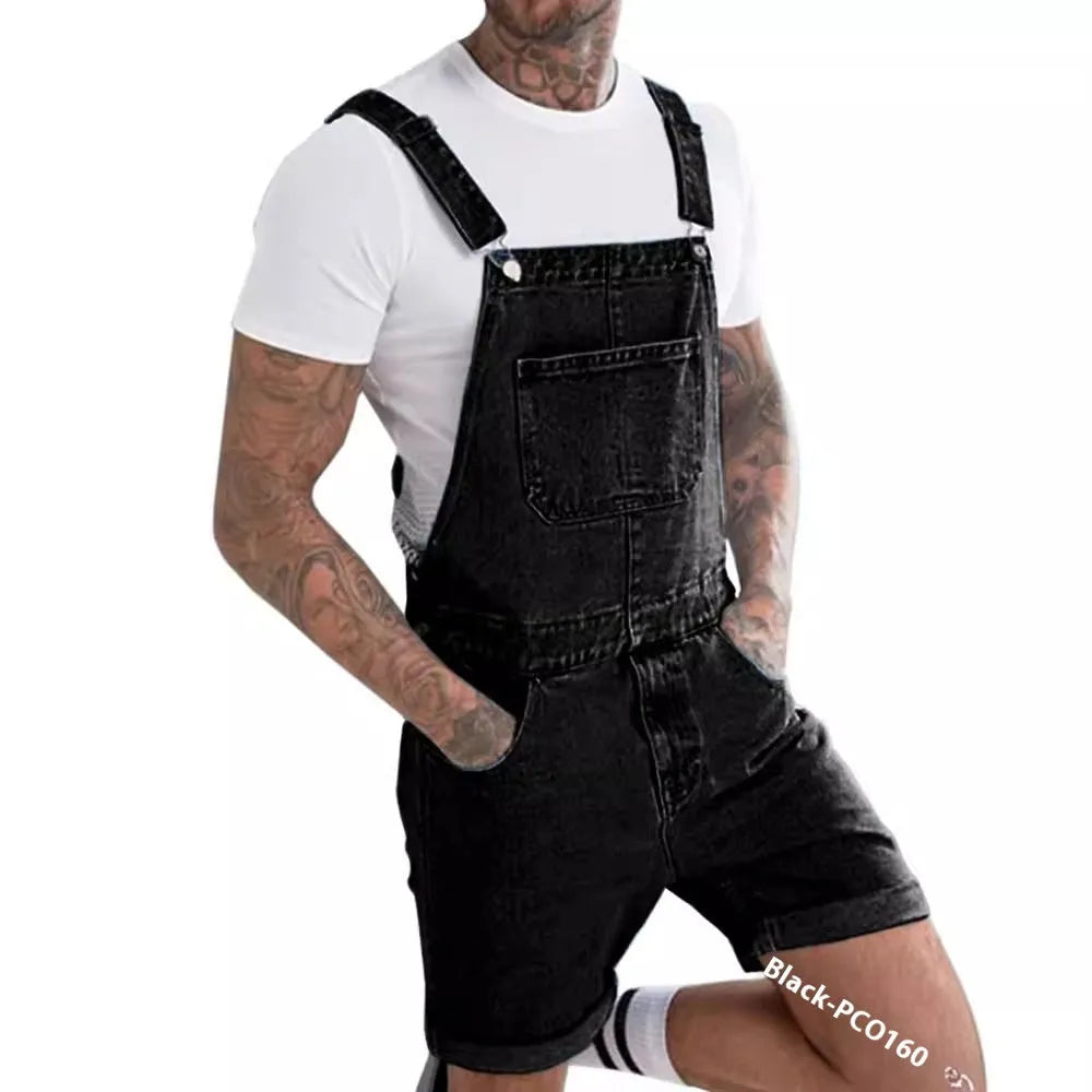 Mid-waist denim suspender shorts with elastic fabric and zipper fly in three colour options