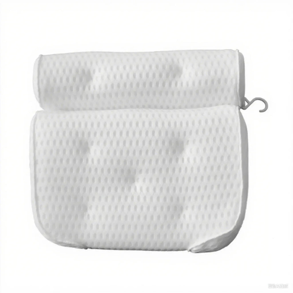White bathtub pillow with mesh fabric and seven large suction cups on the back.