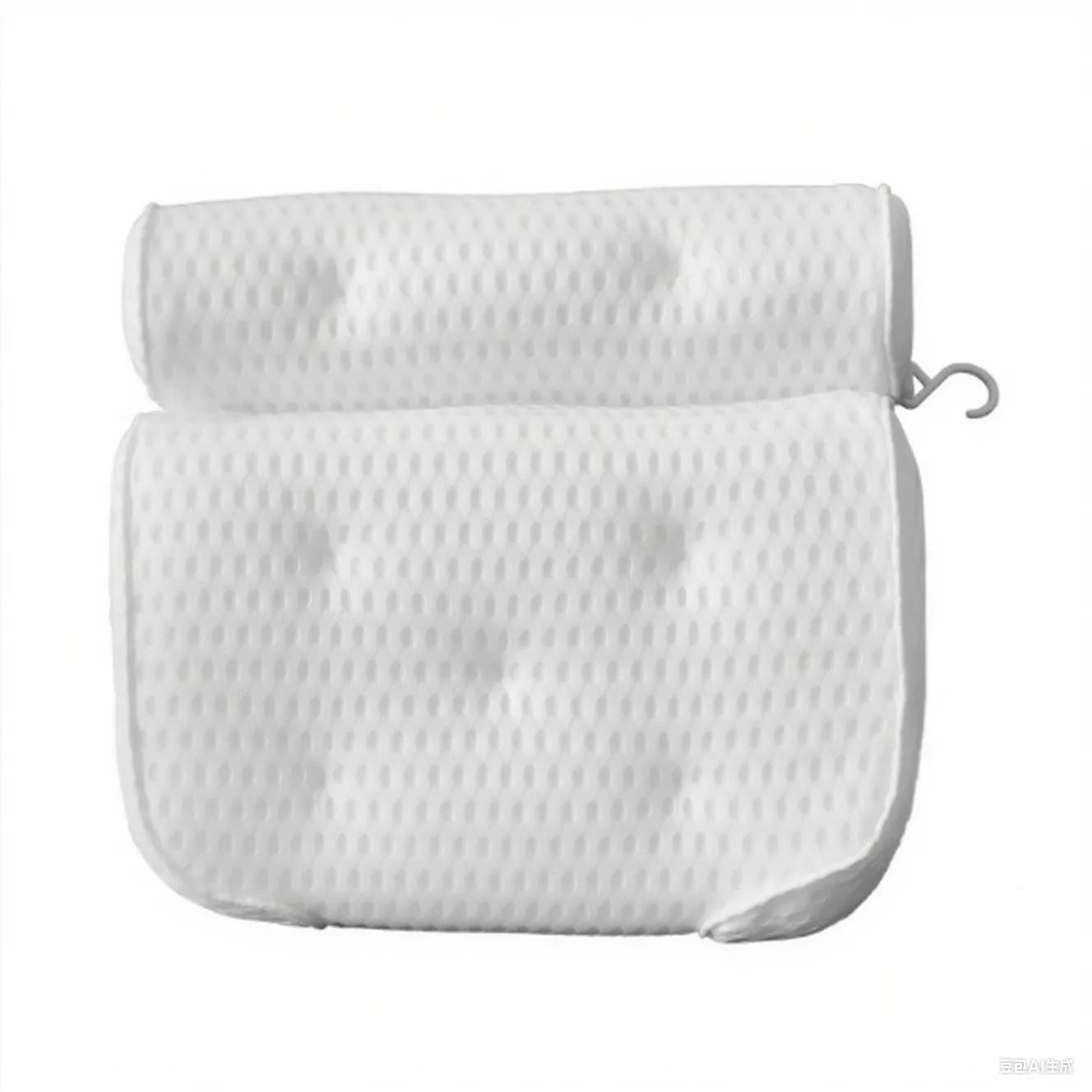 White bathtub pillow with mesh fabric and seven large suction cups on the back.