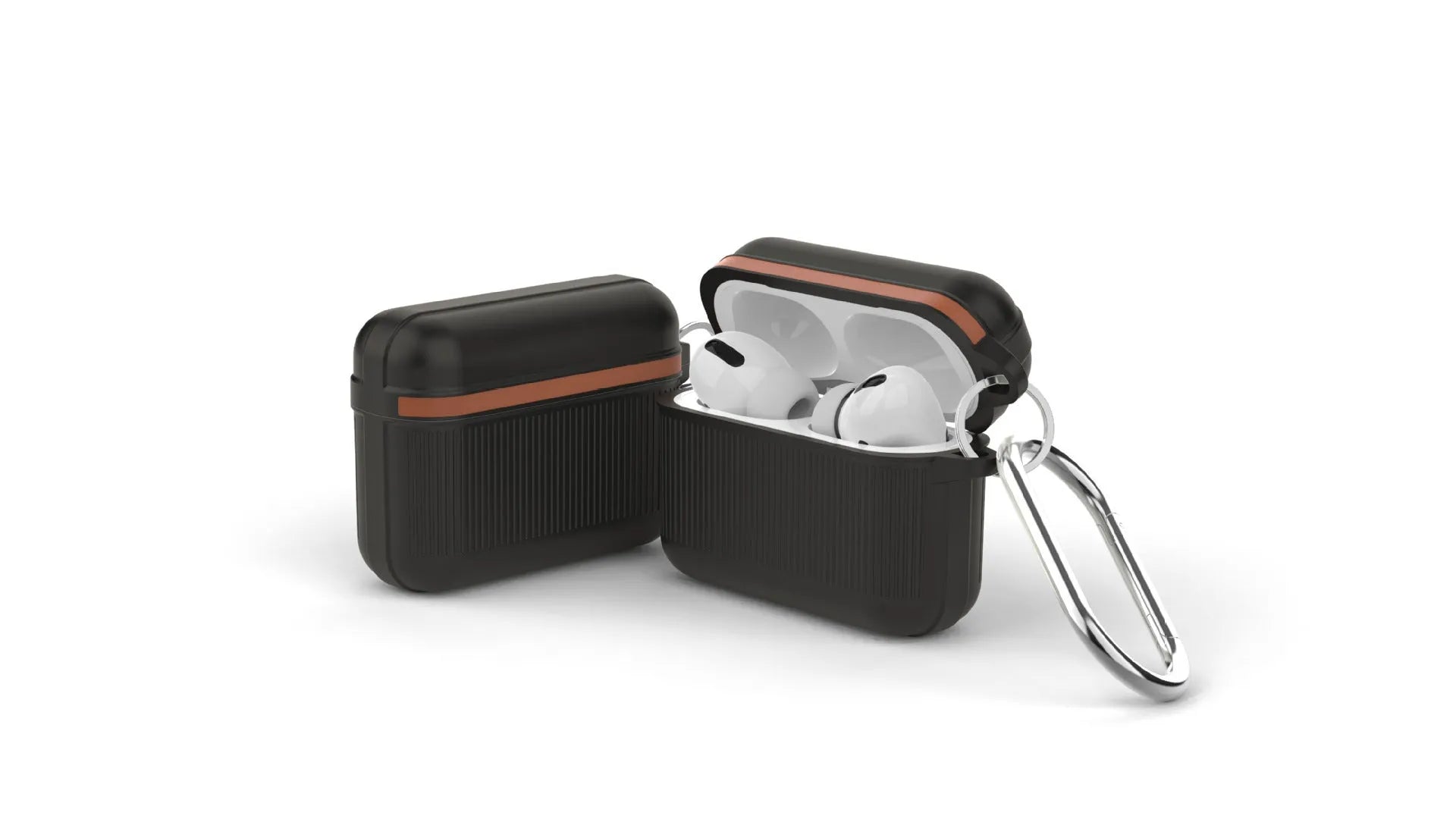 Beige silicone clamshell protective case for Apple AirPods with a metal buckle.