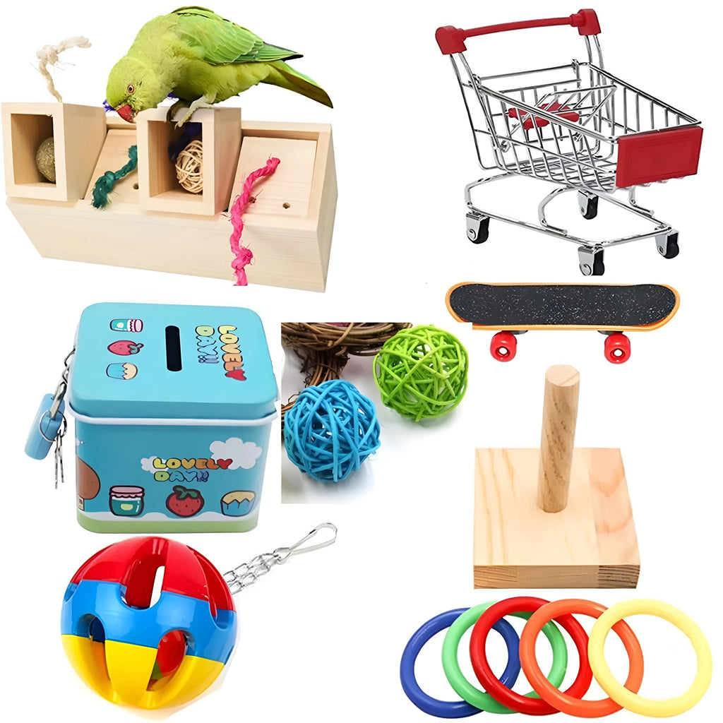 Wooden bird toy puzzle training set with three pieces on a light background
