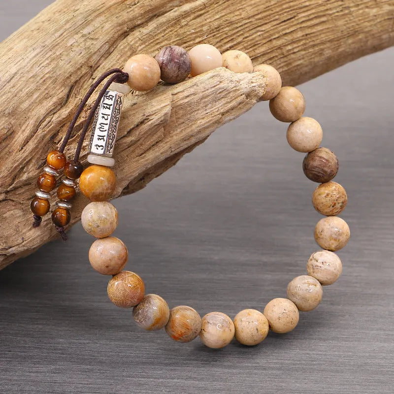Handmade stone bead bracelet with wood colour finish and European American retro style