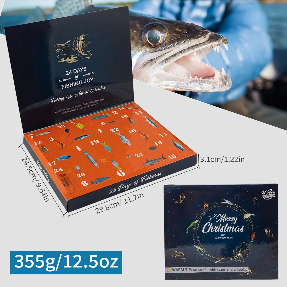 Mino Bog 24-piece metal fishing lure set inside a black plastic storage case with six compartments.