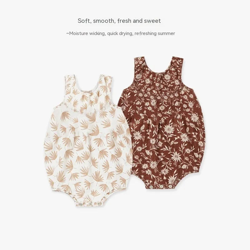 Cotton floral sleeveless baby romper in beige leaves colour for summer, suitable for 66-90cm height