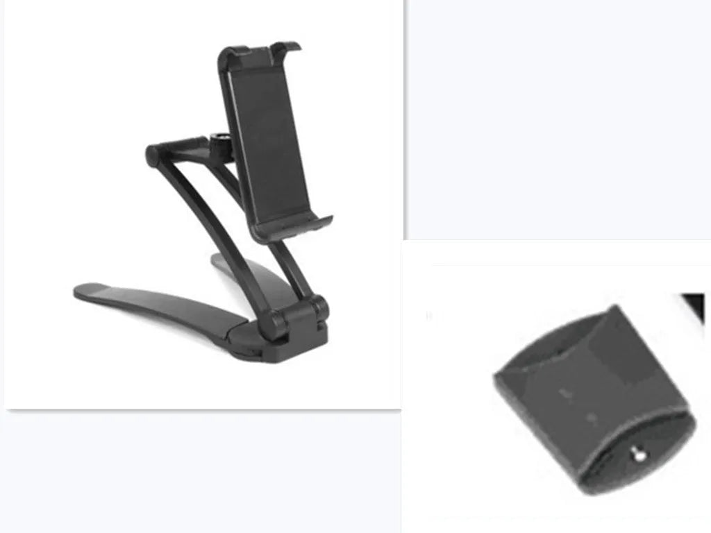 Silver aluminium desktop stand holding a tablet at an angle on a wooden desk.