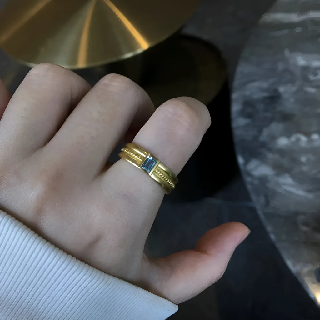 Square sapphire ring with inlaid gem in frosted gold finish copper band, wide version, size 6 to 8